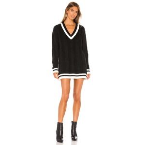 Superdown Shawnie Varsity Cable Knit V-Neck Oversized Sweater Dress Size M Black